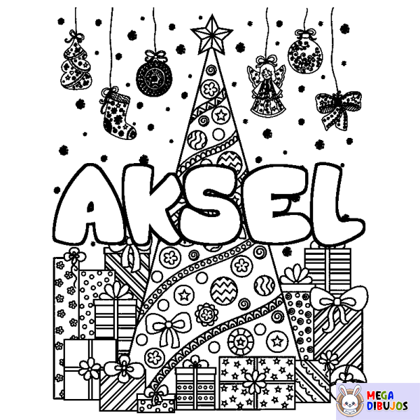 Coloración del nombre AKSEL - decorado &aacute;rbol de Navidad y regalos