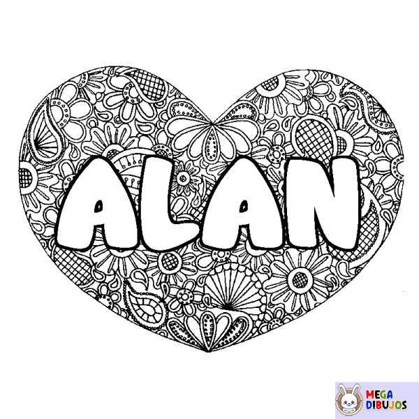 Coloración del nombre ALAN - decorado mandala de coraz&oacute;n