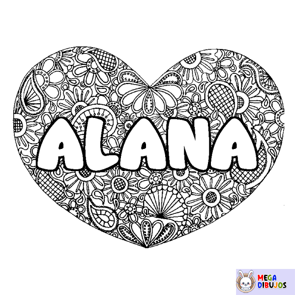 Coloración del nombre ALANA - decorado mandala de coraz&oacute;n