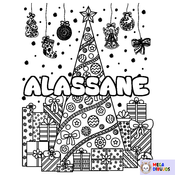 Coloración del nombre ALASSANE - decorado &aacute;rbol de Navidad y regalos