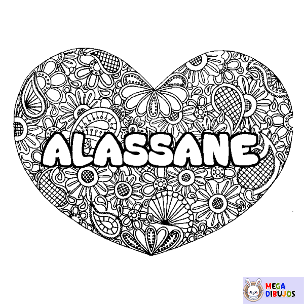 Coloración del nombre ALASSANE - decorado mandala de coraz&oacute;n