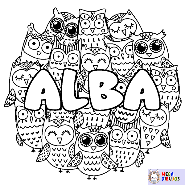 Coloración del nombre ALBA - decorado b&uacute;hos