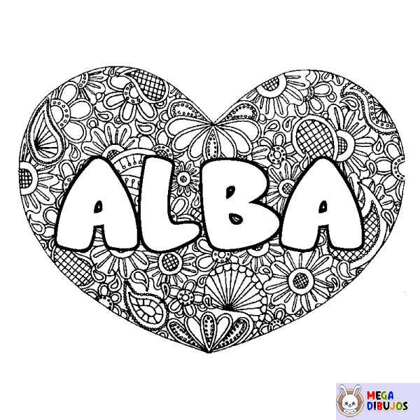 Coloración del nombre ALBA - decorado mandala de coraz&oacute;n
