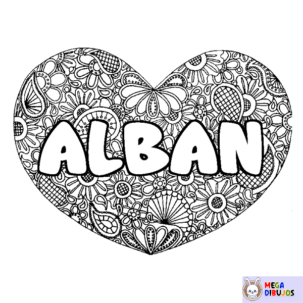 Coloración del nombre ALBAN - decorado mandala de coraz&oacute;n