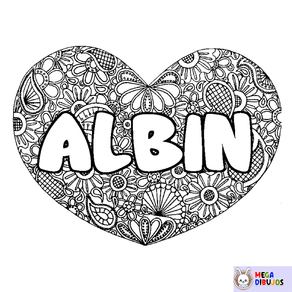 Coloración del nombre ALBIN - decorado mandala de coraz&oacute;n