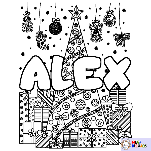 Coloración del nombre ALEX - decorado &aacute;rbol de Navidad y regalos