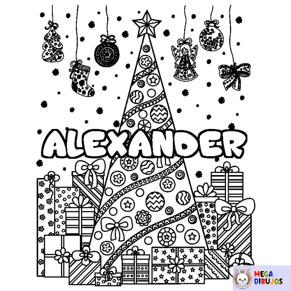 Coloración del nombre ALEXANDER - decorado &aacute;rbol de Navidad y regalos