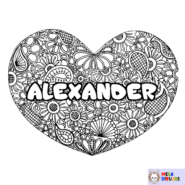 Coloración del nombre ALEXANDER - decorado mandala de coraz&oacute;n