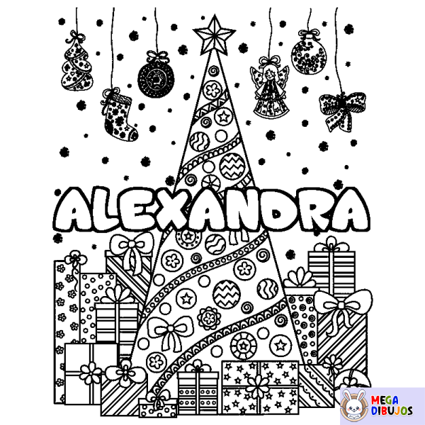 Coloración del nombre ALEXANDRA - decorado &aacute;rbol de Navidad y regalos