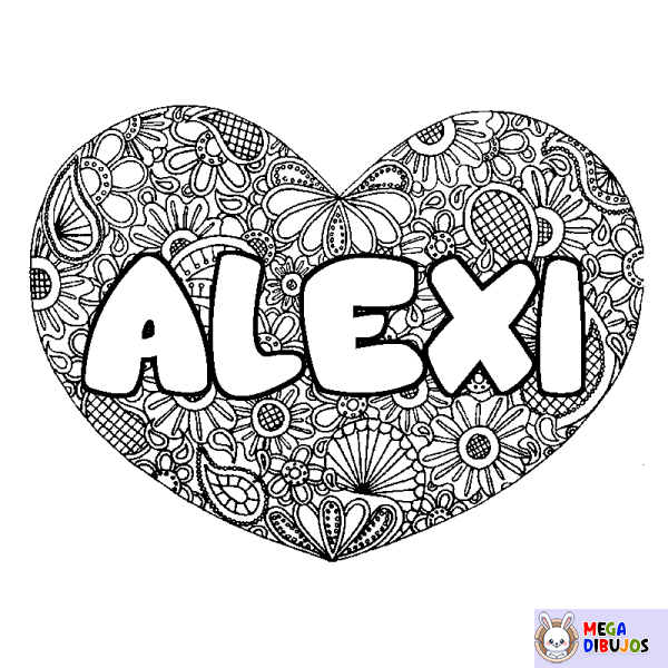 Coloración del nombre ALEXI - decorado mandala de coraz&oacute;n