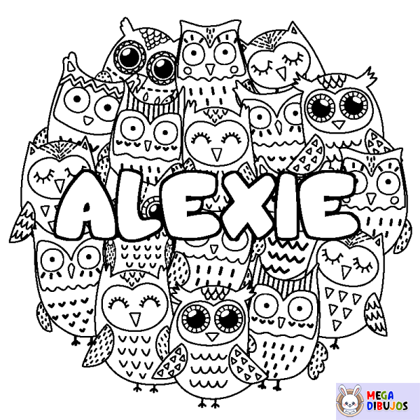 Coloración del nombre ALEXIE - decorado b&uacute;hos