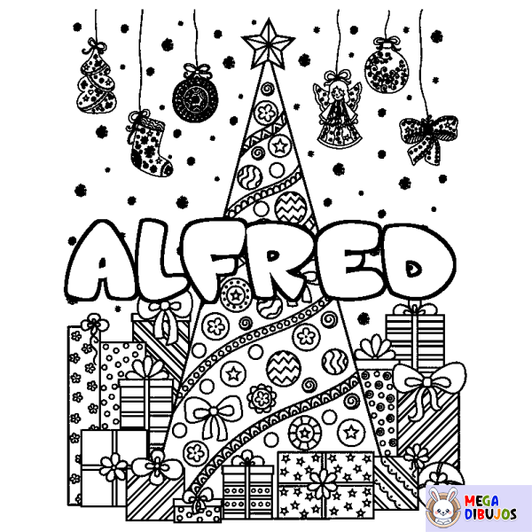 Coloración del nombre ALFRED - decorado &aacute;rbol de Navidad y regalos