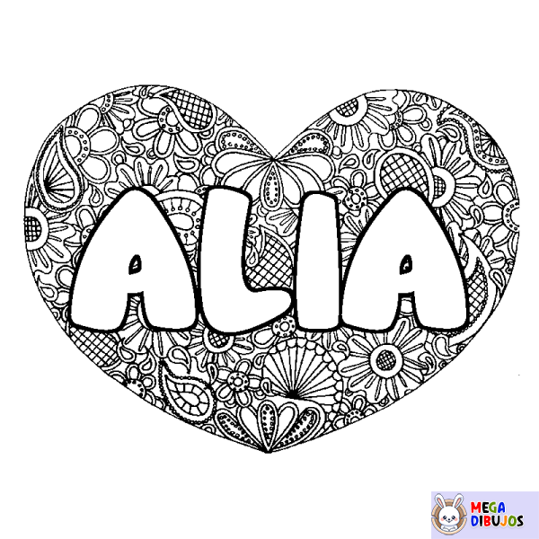 Coloración del nombre ALIA - decorado mandala de coraz&oacute;n