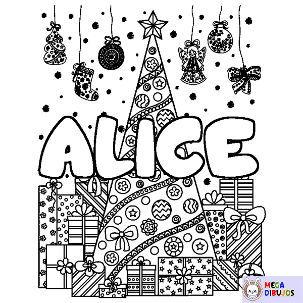 Coloración del nombre ALICE - decorado &aacute;rbol de Navidad y regalos