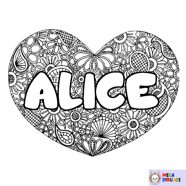 Coloración del nombre ALICE - decorado mandala de coraz&oacute;n