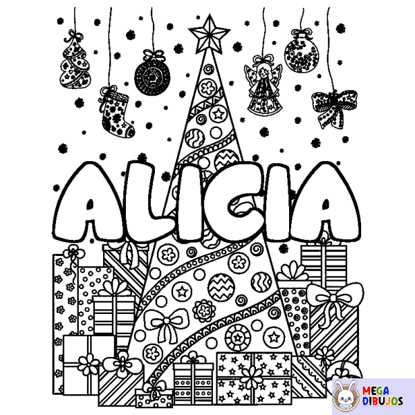 Coloración del nombre ALICIA - decorado &aacute;rbol de Navidad y regalos