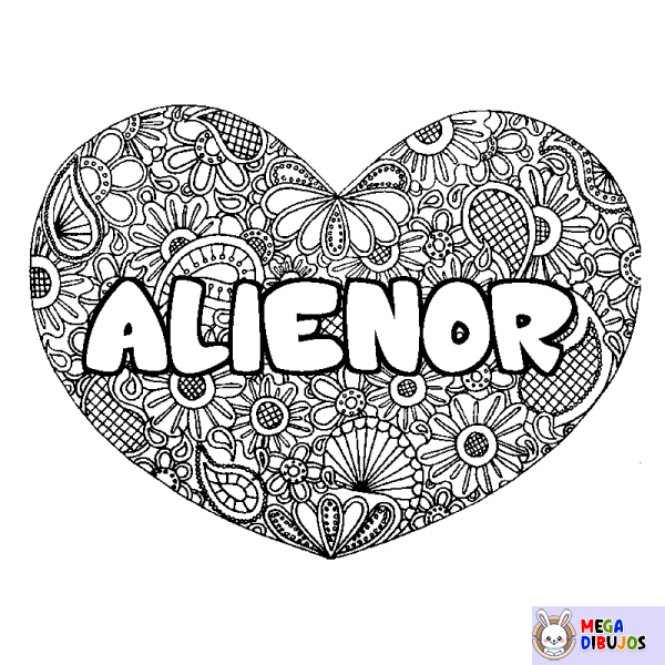 Coloración del nombre ALIENOR - decorado mandala de coraz&oacute;n