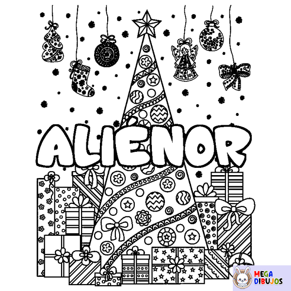 Coloración del nombre ALI&Eacute;NOR - decorado &aacute;rbol de Navidad y regalos