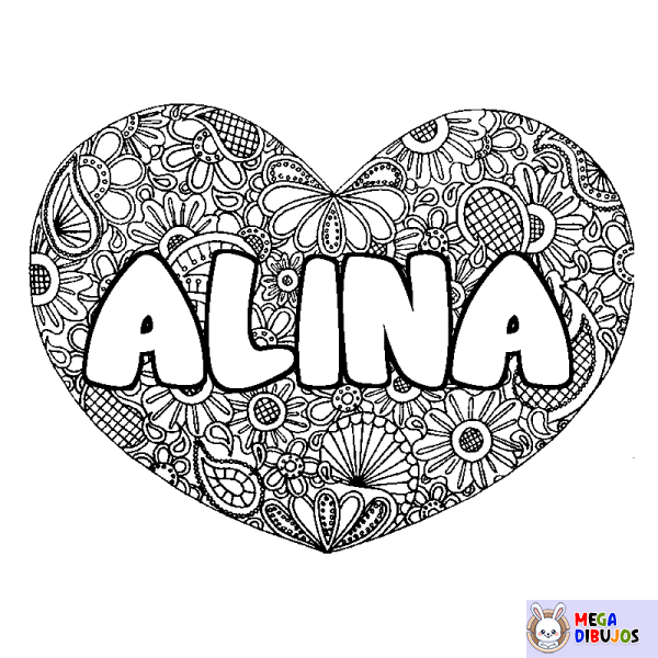 Coloración del nombre ALINA - decorado mandala de coraz&oacute;n