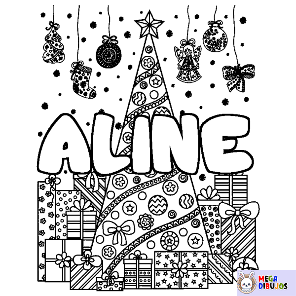 Coloración del nombre ALINE - decorado &aacute;rbol de Navidad y regalos