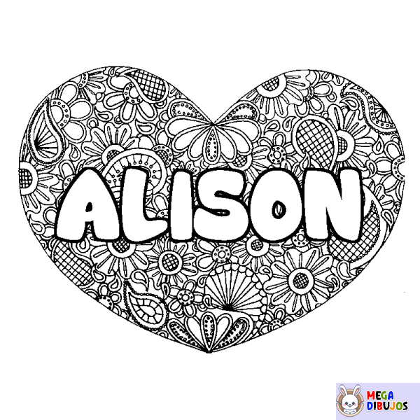 Coloración del nombre ALISON - decorado mandala de coraz&oacute;n