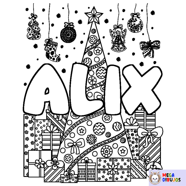 Coloración del nombre ALIX - decorado &aacute;rbol de Navidad y regalos