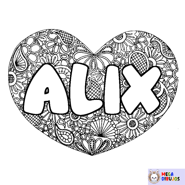 Coloración del nombre ALIX - decorado mandala de coraz&oacute;n