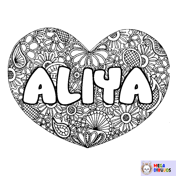 Coloración del nombre ALIYA - decorado mandala de coraz&oacute;n