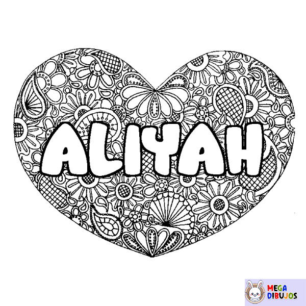 Coloración del nombre ALIYAH - decorado mandala de coraz&oacute;n