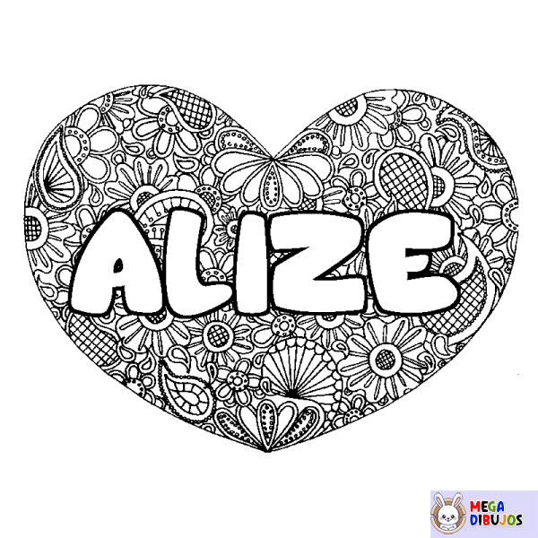 Coloración del nombre ALIZE - decorado mandala de coraz&oacute;n