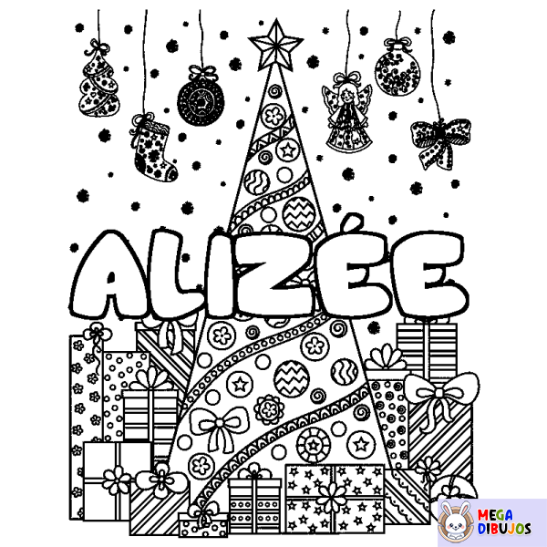 Coloración del nombre ALIZ&Eacute;E - decorado &aacute;rbol de Navidad y regalos