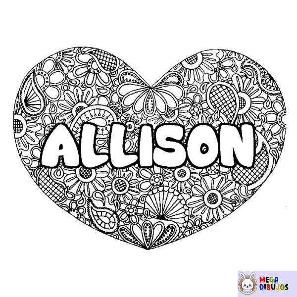 Coloración del nombre ALLISON - decorado mandala de coraz&oacute;n