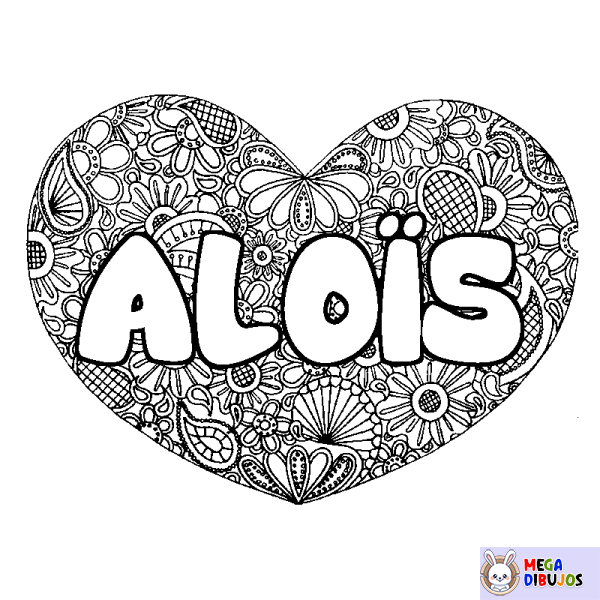 Coloración del nombre ALO&Iuml;S - decorado mandala de coraz&oacute;n