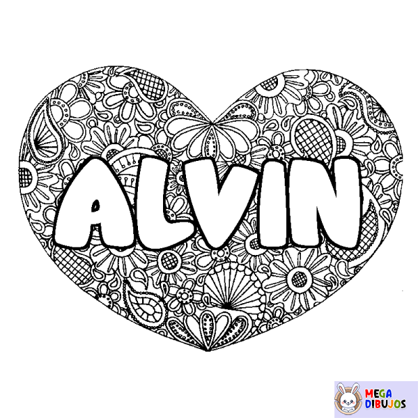 Coloración del nombre ALVIN - decorado mandala de coraz&oacute;n