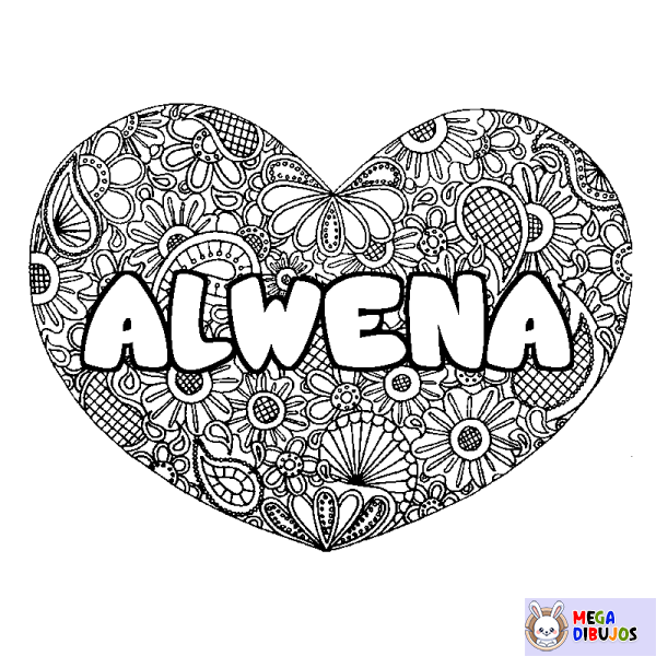 Coloración del nombre ALWENA - decorado mandala de coraz&oacute;n