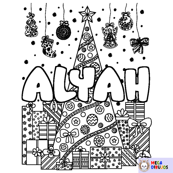 Coloración del nombre ALYAH - decorado &aacute;rbol de Navidad y regalos