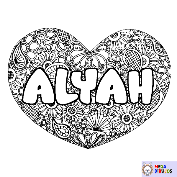 Coloración del nombre ALYAH - decorado mandala de coraz&oacute;n