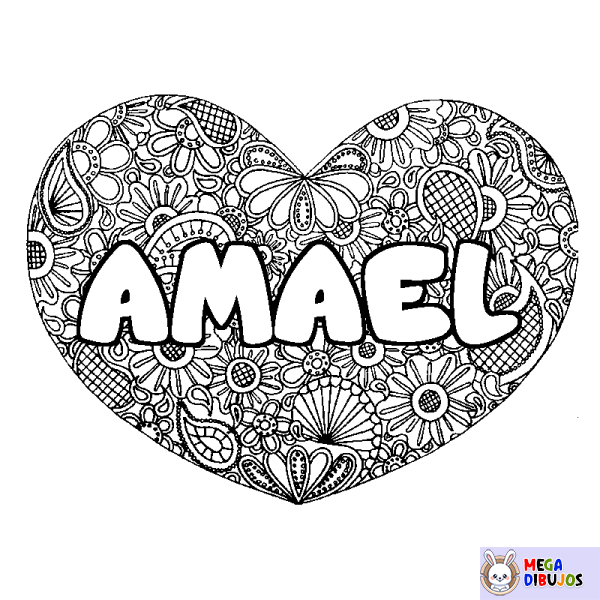 Coloración del nombre AMAEL - decorado mandala de coraz&oacute;n