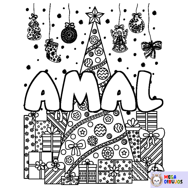 Coloración del nombre AMAL - decorado &aacute;rbol de Navidad y regalos