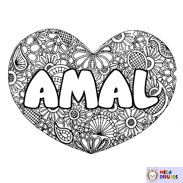 Coloración del nombre AMAL - decorado mandala de coraz&oacute;n