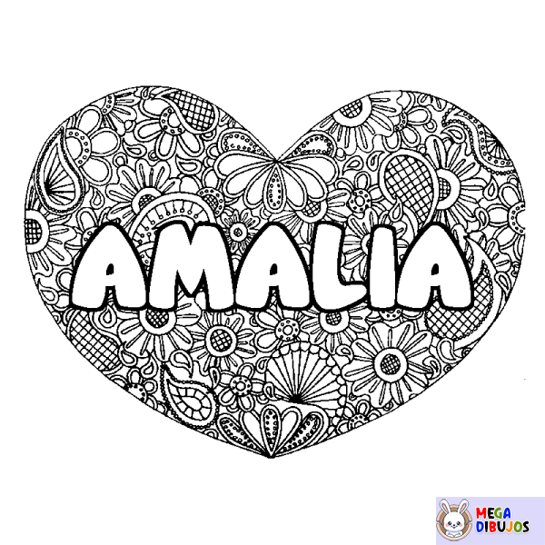 Coloración del nombre AMALIA - decorado mandala de coraz&oacute;n