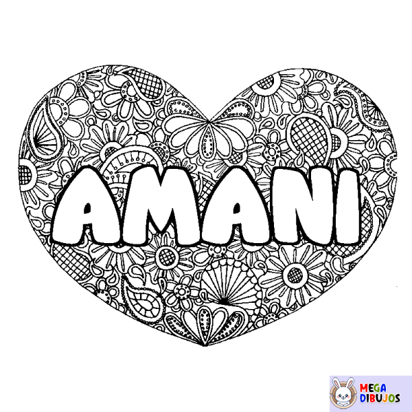 Coloración del nombre AMANI - decorado mandala de coraz&oacute;n