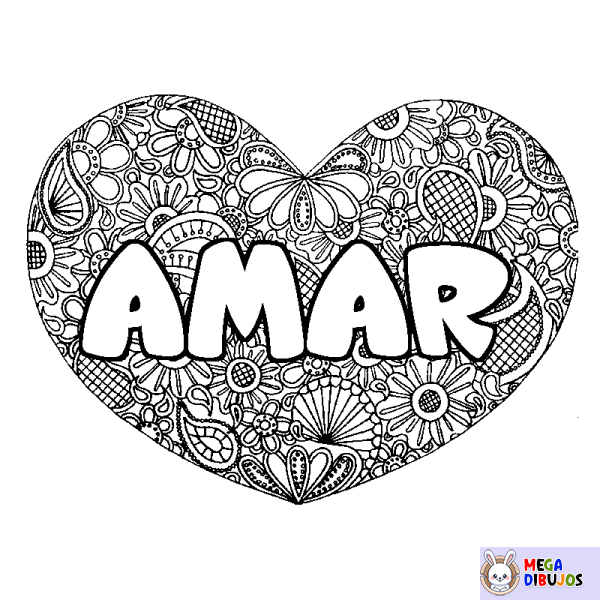 Coloración del nombre AMAR - decorado mandala de coraz&oacute;n