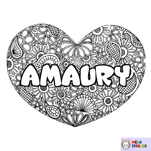 Coloración del nombre AMAURY - decorado mandala de coraz&oacute;n