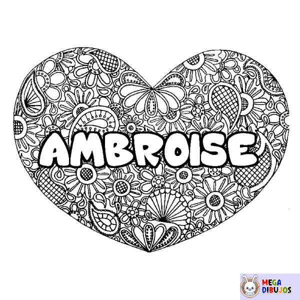 Coloración del nombre AMBROISE - decorado mandala de coraz&oacute;n