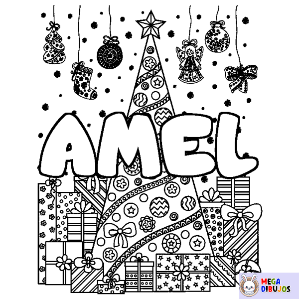 Coloración del nombre AMEL - decorado &aacute;rbol de Navidad y regalos