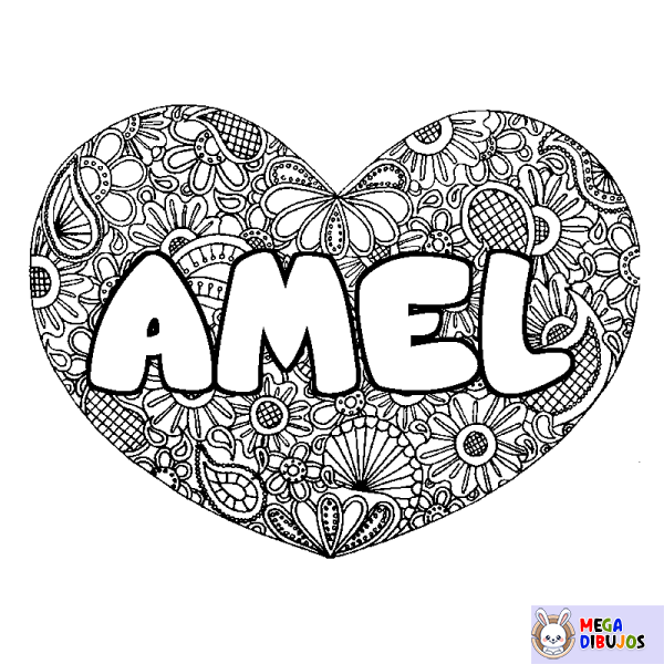 Coloración del nombre AMEL - decorado mandala de coraz&oacute;n