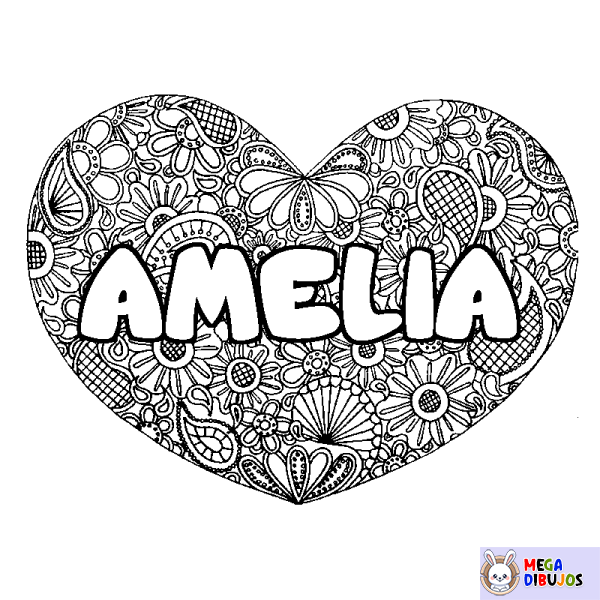 Coloración del nombre AMELIA - decorado mandala de coraz&oacute;n