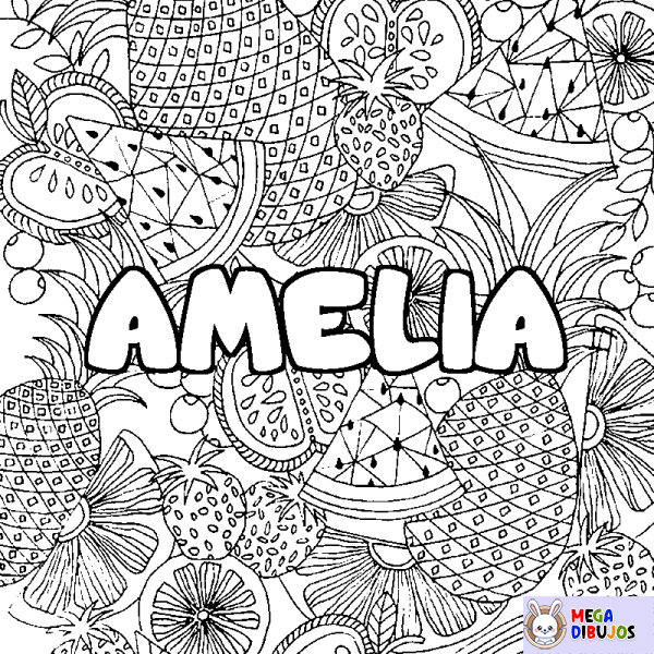 Coloración del nombre AMELIA - decorado mandala de frutas