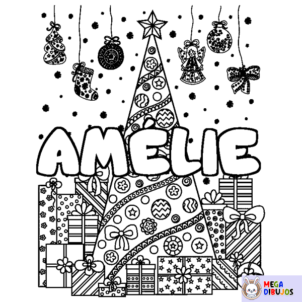 Coloración del nombre AM&Eacute;LIE - decorado &aacute;rbol de Navidad y regalos